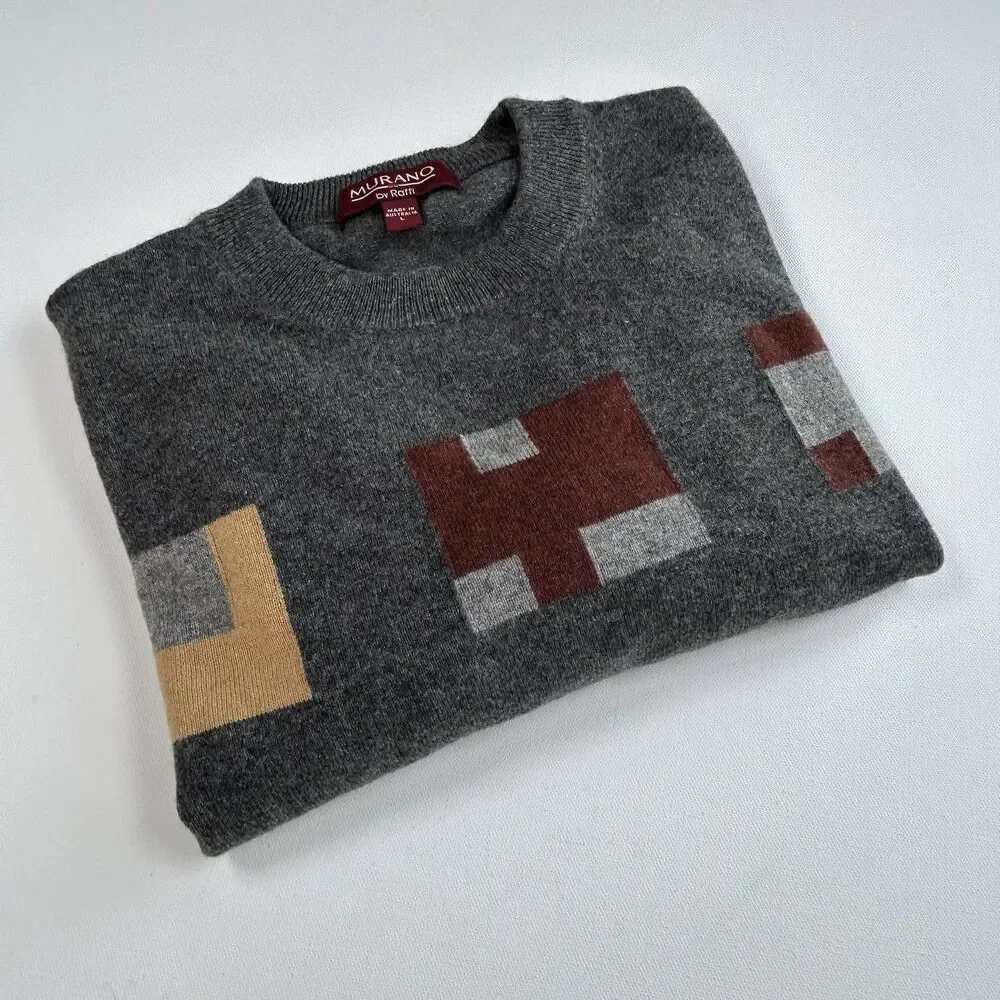 Murano by Raffi Wool Crewneck Sweater Size L Geometric Gray Multi Australia